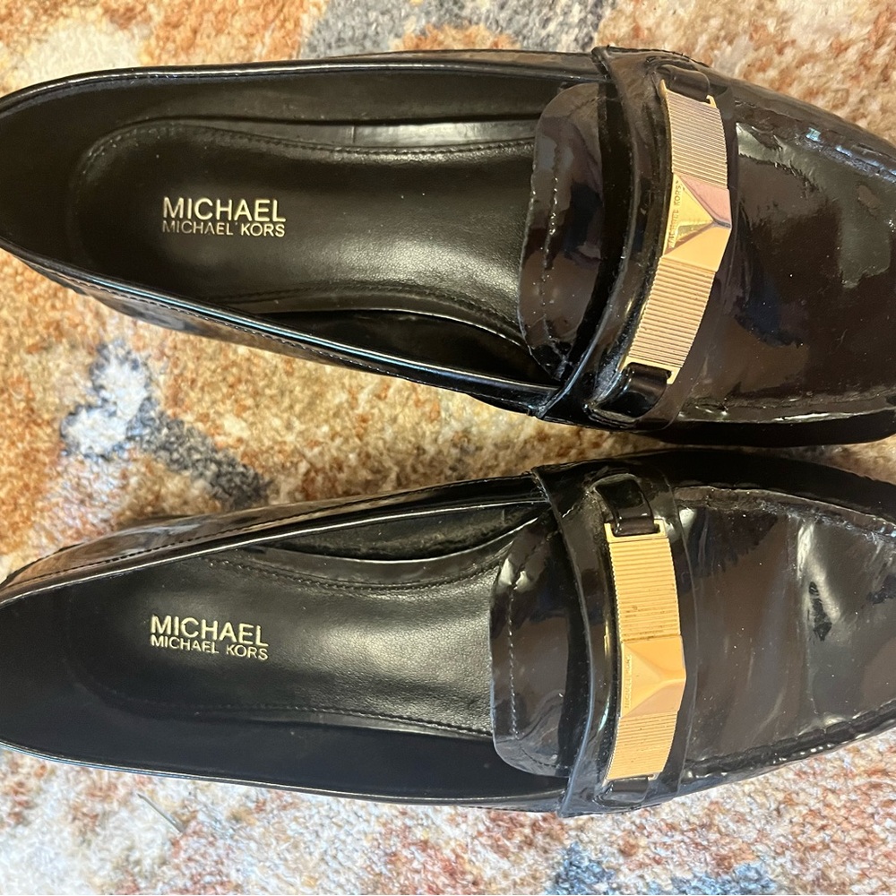 Michael Kors Black Patent Loafers with Gold Accent - Picture 2 of 3